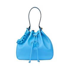 This Versace La Medusa Blue Bucket Bag is a must for those who love style and function. This beautiful bright blue leather bag comes with three strap/handel options, which allows you to carry it as a shoulder or crossbody bag while adding your own flare! The interior features a zipper pocket to help corral loose items. A tonal medusa icon complete the sleek look of this bag.     Model: 1003013  Blue Leather  Textured finish   Interior zipper pocket  Gold-tone hardware  Adjustable leather handle Luxury Blue Bucket Bag With Gold-tone Hardware, Chic Light Blue Leather Bag, Luxury Blue Bucket Bag With Double Handle, Luxury Blue Top Handle Hobo Bag, Luxury Blue Hobo Bag With Top Handle, Blue Bucket Bag With Detachable Handle For Errands, Luxury Blue Hobo Bag For Travel, Elegant Blue Bucket Bag With Gold-tone Hardware, Luxury Blue Shoulder Bucket Bag