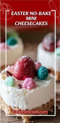 These Easter No-Bake Mini Cheesecakes are a fun and festive treat for your holiday celebrations! With a sweet graham cracker crust, a rich and creamy cheesecake filling, and topped with colorful Easter-themed toppings, these mini cheesecakes are the perfect bite-sized indulgence. #easterdesserts #nobakecheesecake #minicheesecakes