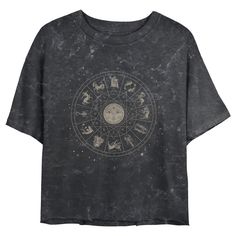 You won't need to look to the stars to predict your future… at least not if you have this stylish Zodiac-inspired Lost Gods Celestial Astrological Wheel Juniors' Mineral Wash Cropped Graphic T-Shirt on your side. Everything is looking bright with this astrological sweater that shows off a wheel of the 12 zodiac signs decorated in a fun vintage style across the front. Show off your favorite star signs with this cropped tee that is perfect for everyone, from Water signs to Fire signs! Celestial T Shirt, Astrology Clothes, Astrological Wheel, Zodiac Sign Designs, Cropped Graphic Tees, Water Signs, Fire Signs, 12 Zodiac Signs, 12 Zodiac