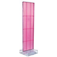 a tall pink rack with holes on the front and bottom shelf is shown against a white background