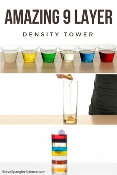 there are several different colored liquids in the same glass, and one is pouring them into a tall vase