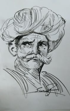 a drawing of a man with a turban on his head and mustaches