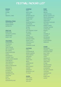 the festival packing list is shown in blue, green and yellow colors with words on it