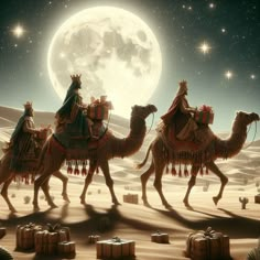 three camels are walking in the desert with presents under a full moon sky and stars