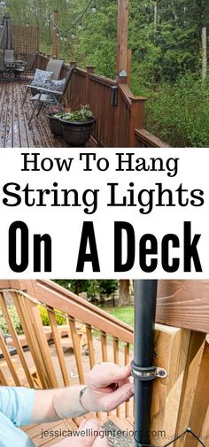 Before and after hanging string lights on deck railing Deck Posts For Lights, Outdoor Deck String Lights, Back Porch Hanging Lights, Shepard Hook Patio String Lights, Best Way To Hang Outdoor String Lights, String Lights On Deck Ideas, Lights Around Deck Railing, Deck Lights Ideas Outdoor, Deck With Hanging Lights