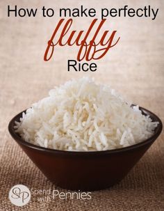 white rice in a brown bowl with text overlay how to make perfectly fluffy rice