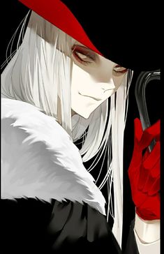 an anime character with long white hair and red gloves