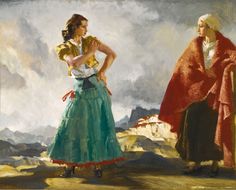 a painting of two women standing in front of a mountain range, one wearing a green dress and the other holding a red shawl