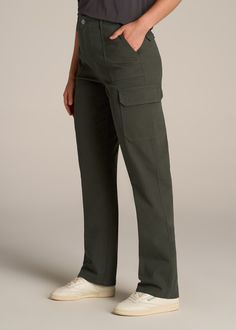 About Our Straight Leg Cargo Chino Pants for Tall Women The style and utility of a cargo pant meets an extra-long inseam on these chinos for tall women. Designed specifically for ladies from 5’9 to 6’6, they have a high rise and a straight leg that creates a modern, flattering fit. These women’s tall pants are made with stretch-infused cotton that’s been pre-washed and shrinkage controlled to make sure the silhouette stays perfect. Store everything you need for a day on the go with plenty of poc Pants For Tall Women, Dark Moss Green, Womens Chinos, Tall Pants, Women Cargos, High Rise Pants, Cargo Pant, Chino Pants, Tall Women