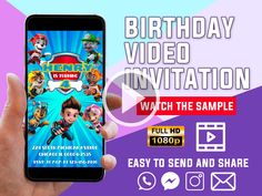 a person holding up a cell phone in front of a purple background with the words, birthday