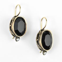 Faceted Glass Earrings with Pearls - Goldmakers Fine Jewelry Elegant Bronze Lever Back Earrings, Black Drop Earrings With French Hook, Formal Metal Crystal Earrings With Ear Wire, Black Brass Earrings With Ear Wire, Black Brass Jewelry With Matching Earrings, Elegant Black French Hook Earrings, Victorian Metal Earrings With Ear Wire, Nickel-free Black Brass Earrings, Formal Black Brass Earrings