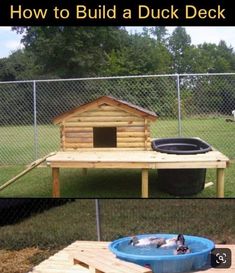 a dog house made out of pallet wood with a pool in the middle and an above ground swimming pool next to it