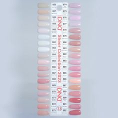 Discover and explore the world of vibrant nail colors with the DND Swatches Sample. This collection of nail swatches allows you to experience the rich palette of DND nail products before committing to a full-sized bottle.Each swatch is meticulously crafted to represent the true color and finish of DND nail polish, gel, or lacquer. Whether you're a nail professional or an enthusiast, this sample set provides a valuable tool to aid in color selection and nail art planning.Dive into a spectrum of s Sheer Color Nails, Dnd Gel Polish Colors Light Pink, Dnd Pink Glaze, Milky Pink Nails Gel Dnd, Liquid Gel Full Set Nails, Dnd Sheer Collection 2023, French Base Color, Sheer Nails Gel, Dnd Sheer Pink