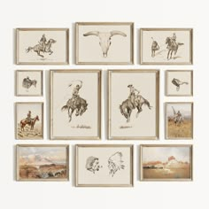 an assortment of framed art depicting native american cowboys and longhorn steers on horseback