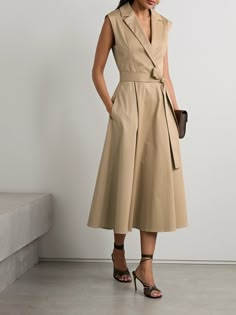 Inspired by classic trench coats, Carolina Herrera's dress has traditional notched lapels and a tie belt to cinch the shape. It's tailored from cotton-blend gabardine and falls to a full midi skirt. Hoi An Tailor, Carolina Herrera Dresses, Full Midi Skirt, Trench Dress, Classic Outfit, Classic Trench Coat, Sheer Skirt, Date Night Outfits, Sport Swimwear