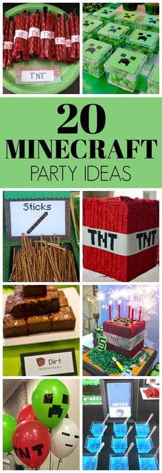 many different pictures with the words 20 minecraft party ideas on them, including cake and balloons