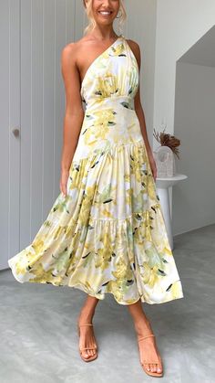 Maxi dress One shoulder  Knot detail in shoulder strap Gathered feature on bust and waist Yellow Floral Maxi Dress, Mix & Match, Cake Skirt, Casual Sundress, Wedding Guest Attire, Bali Wedding, Guest Attire, Pleated Midi Dress, Long Summer Dresses