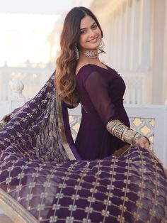 Introducing our stunning purple georgette function wear gown with a heavy dupatta, the perfect pick for your next event or special occasion. This fully stitched gown is available in sizes XS to XXL, with a 4-meter flair and a gown length of 56 inches. The gown features intricate sequin work and embroidered details, giving it a touch of elegance and sophistication.
The similar color georgette dupatta complements the gown beautifully, with sequin embroidered work and a designer lace border. The 2. Purple Semi-stitched Dupatta For Reception, Purple Dress With Dabka Work For Reception, Purple Reception Dress With Dabka Work, Semi-stitched Purple Dupatta For Reception, Festive Purple Dress With Sheer Dupatta, Purple Georgette Lehenga With Dupatta, Purple Georgette Anarkali Set For Wedding, Bollywood Georgette Maxi Dress With Dupatta, Purple Party Wear Sharara With Traditional Drape