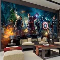 the avengers movie scene wallpaper mural is shown in this living room with modern furniture