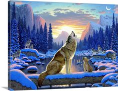 a painting of a wolf sitting on a bench in the snow looking up at the sky