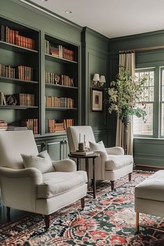 a living room filled with lots of furniture and bookshelves covered in green paint