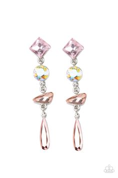 Rock Candy Elegance -Pink Iridescent Earrings - Paparazzi A mismatched collection of colorfully iridescent and brilliantly sparkling gems are linked together in elegant succession as they fall glamorously from the ear. Earring attaches to a standard post fitting. Sold as one pair of post-earrings. Order Date: 10/25/2021 Pink Earring, Brass Hoop Earrings, Pink Iridescent, Gem Earrings, Rock Candy, Paparazzi Accessories, Jewelry Images, Boutique Accessories, Chic Jewelry