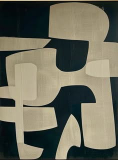 an abstract painting with black, white and grey shapes on it's surface in front of a dark background