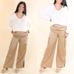 Elevate your wardrobe with the Calypso Ankle Cargo Pant, crafted from luxurious Fluid Stretch Satin. This chic yet casual staple offers a blend of style and comfort, perfect for any occasion. The silky cargos feature a flattering flat front, an elasticated back waist for a custom fit, and practical belt loops with a D-ring detail. Designed with both fashion and functionality in mind, the Calypso Ankle Cargo Pant includes faux welt back pockets, convenient front side pockets, and stylish front ca Chic Ankle-length Cargo Parachute Pants, Chic Cargo Pants With Elastic Waistband For Loungewear, Chic Straight Leg Cargo Pants For Loungewear, Chic Ankle-length Cargo Pants, Chic Ankle-length Cargo Pants For Fall, Chic Straight Cargo Pants For Loungewear, Chic Beige Tapered Leg Cargo Pants, Chic Beige Cargo Pants, Chic Cargo Style Wide Leg Pants