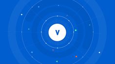 the v logo is surrounded by circles and dots on a blue background with small stars