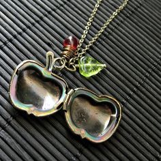 Apple Necklace Locket in Bronze with Wire Wrapped Red Charm and Green Leaf. Handmade Jewelry. Apple For Teacher, Teacher Necklace, Apple Jewelry, Apple Necklace, Teachers Necklace, Teardrop Jewelry, Locket Design, Red Charm, Funky Gifts