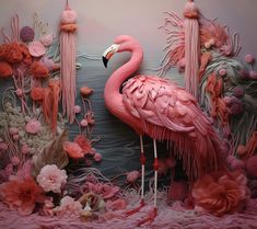 a pink flamingo is standing in front of some flowers and plants on the wall