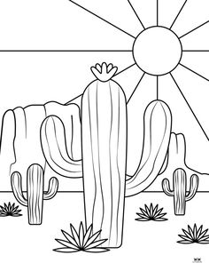 a black and white drawing of a cactus with the sun in the background