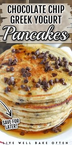 chocolate chip greek yogurt pancakes on a white plate