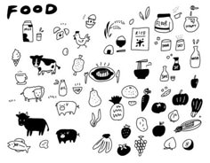 an image of various food items drawn in black and white on a sheet of paper