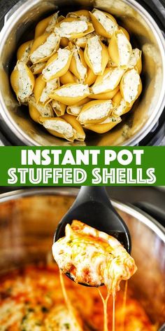 the instant pot stuffed shells are being lifted from an instant pot with cheese on top