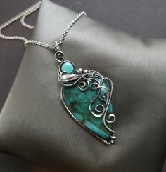 "Handmade wire wrap necklace chrysocolla gemstone, smooth, teardrop  genuine turquoise, round, smooth  herkimer diamond raw point crystal accent  sterling silver wire wrap, oxidized for an antiqued finish, tumbled and hand polished  2 3/4\" pendant length  24\" antiqued silver rolo chain, message me if a different size is needed  comes nicely packaged with a business card, jewelry care instructions and a polishing cloth" Business Card Jewelry, Boho Jewlery, Wire Wrapped Gemstone Jewelry, Rock Tumbling, Card Jewelry, Wrap Necklace, Jewelry Turquoise, Sterling Silver Wire Wrap, Jewelry Care Instructions