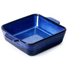 a blue square dish on a white background