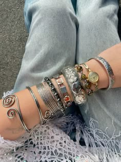 Silver Jewelry Stack Bracelets, Cool Jewelry Aesthetic, Silver Maximalist Jewelry, Bracelet Stack Aesthetic, Jewelry Aesthetic Bracelets, Silver Jewelry Stack, Thrift Jewelry, Bracelet Stack Ideas, Silver Bracelet Stack