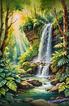 a painting of a waterfall in the forest