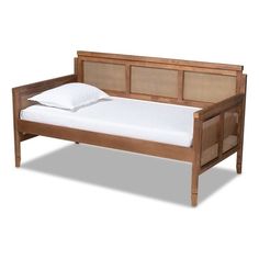 a wooden bed frame with white sheets and pillows on it's headboard, against a white background