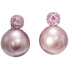 14-15 mm Pink Freshwater Pearls 0.80 Carats Pink Sapphires 18K White Gold Pink And Green Fashion, Small Diamond Pendant, Jewellery Elegant, Sapphire Drop Earrings, White Gold Drop Earrings, Pink Pearl Earrings, Yellow Gold Drop Earrings, Jewelry Pearls, Pearls Earrings