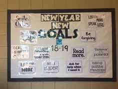 a bulletin board with new year's goals written on it in black and white