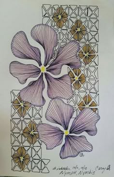 a drawing of purple flowers on white paper with gold accents and an intricate design in the middle