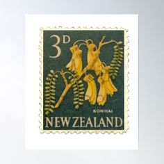 a postage stamp with flowers and leaves on the front, showing three new zealand stamps