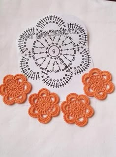 crocheted doily on white fabric with orange flowers