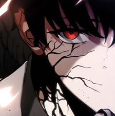 an anime character with red eyes and black hair