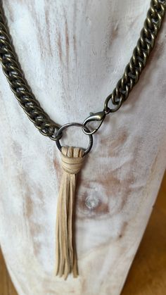 Handmade leather tassel necklace with chunky choker necklace Trendy Fringe Metal Jewelry, Bohemian Adjustable Choker Chain Necklace, Trendy Brown Choker Jewelry, Trendy Adjustable Tassel Jewelry, Adjustable Long Tassel Necklace, Trendy Brown Choker Necklace, Metal Long Tassel Necklace, Long Metal Tassel Necklace With Chain, Long Metal Tassel Necklace