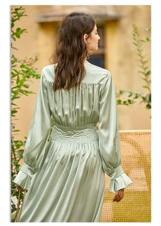 Expensive silk like fabric. exquisitely feels smooth, color and luster is bright beautiful. Note: The buttons around of the belly is an decorative and can't be opened. Long Midi Dress, Vintage Elegant, Green Satin, French Vintage, Luxury Branding, Light Green, Cool Girl, Long Dress, Shirt Dress