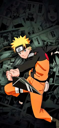 naruto is jumping up in the air with his arms out and eyes closed