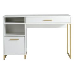 a white desk with two drawers and gold trimmings on the bottom shelf, against a white background